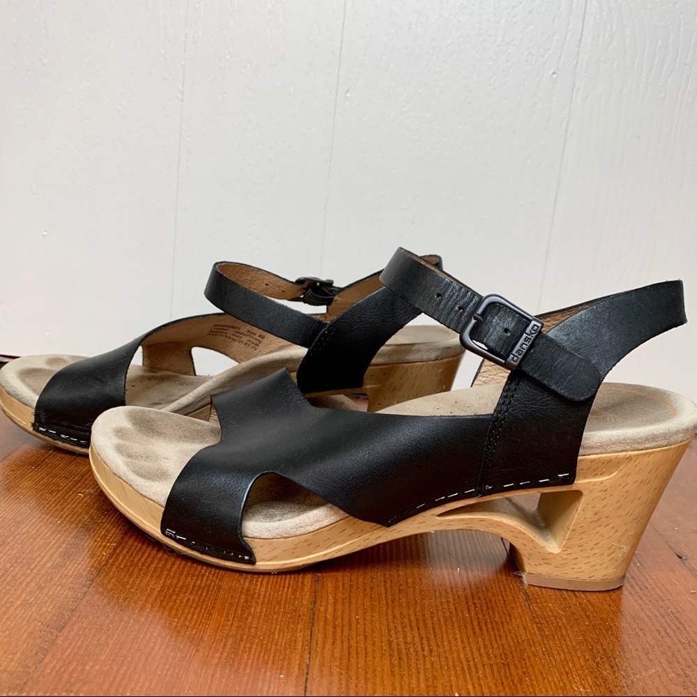 Dansko Black Leather Sandal with Wood Bottom
